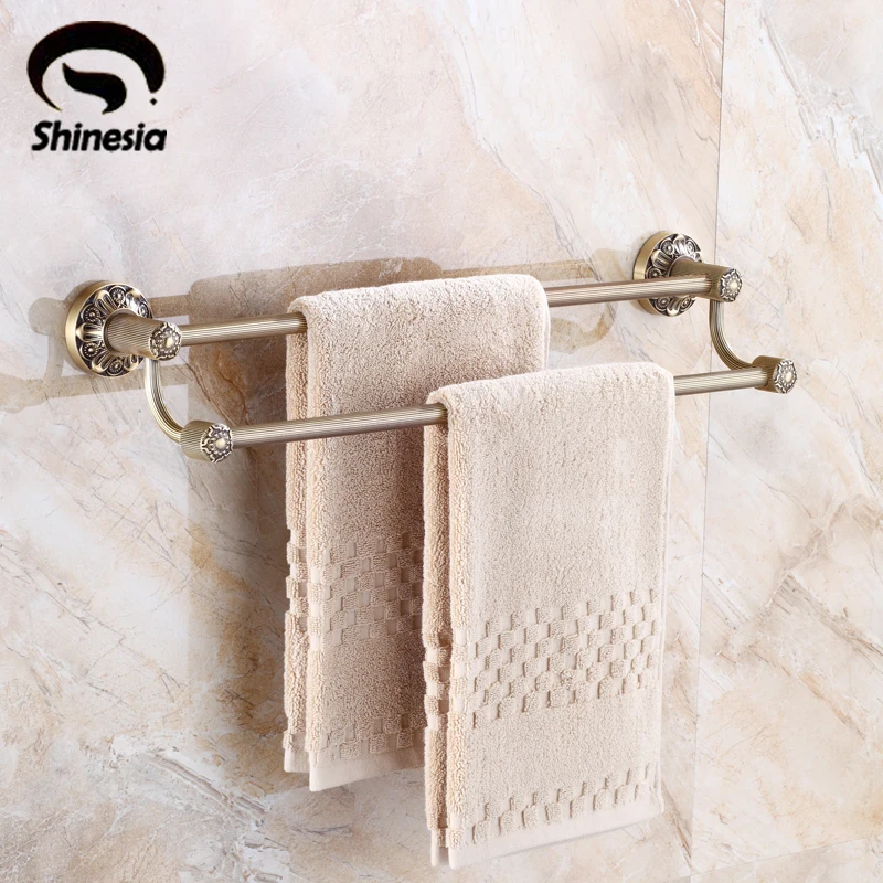 High Quality Antique Brass Bathroom Double Towel Bars Solid Brass Towel Rack Wall Mounted