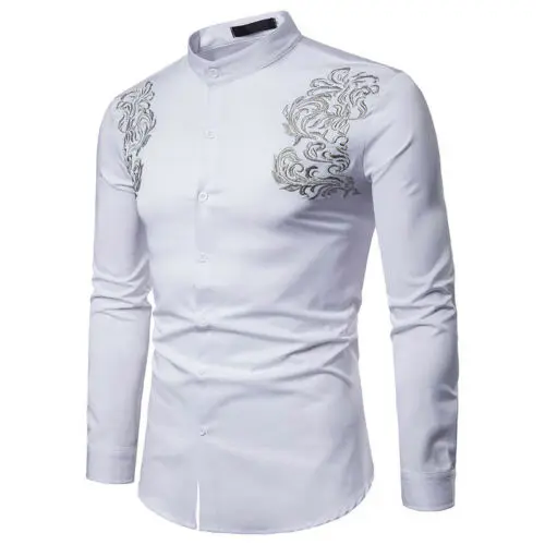 1White Футболки, топы, Повседневная рубашка, подходят для мужчин, Формальные Рубашки, S-2XL рукавом, тонкие, длинные, с вышивкой - Цвет: 1White