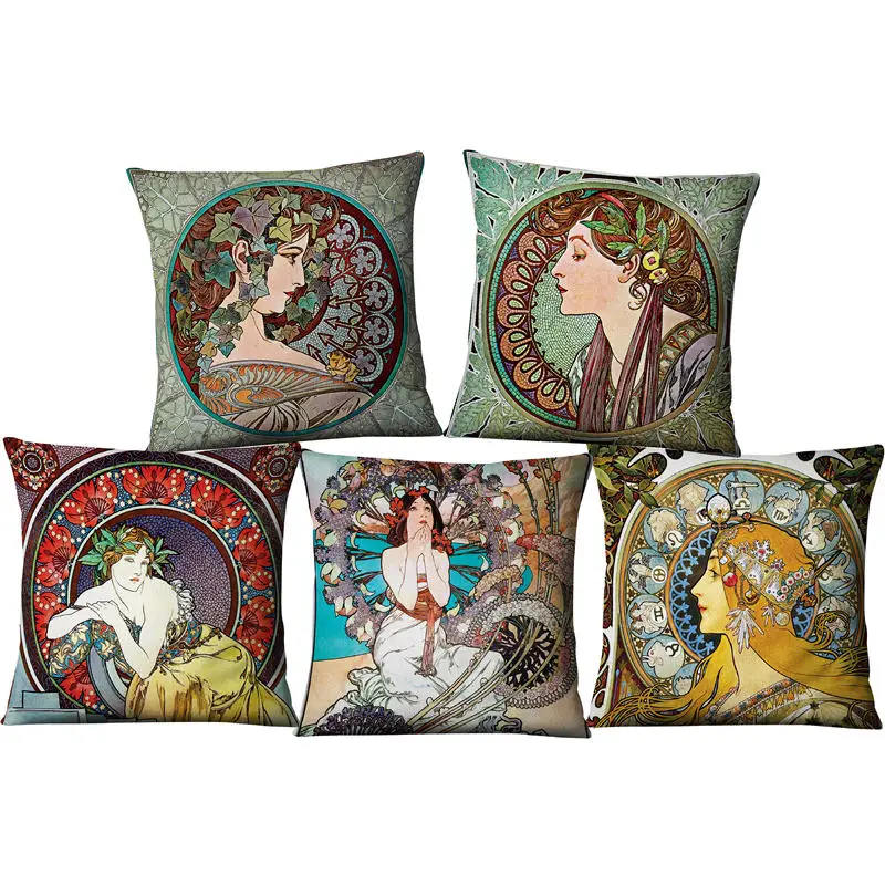 

Vintage European Art Nouveau Mucha Gallery Decorative Sofa Pillow Case Beautiful Beauty Girl Pating Linen Luxury Cushion Cove