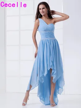 

2019 Real Blue High Low Beach Bridesmaid Dresses One Shoulder Beaded Pleats Chiffon Ruffles Informal Wedding Party Gowns Robes