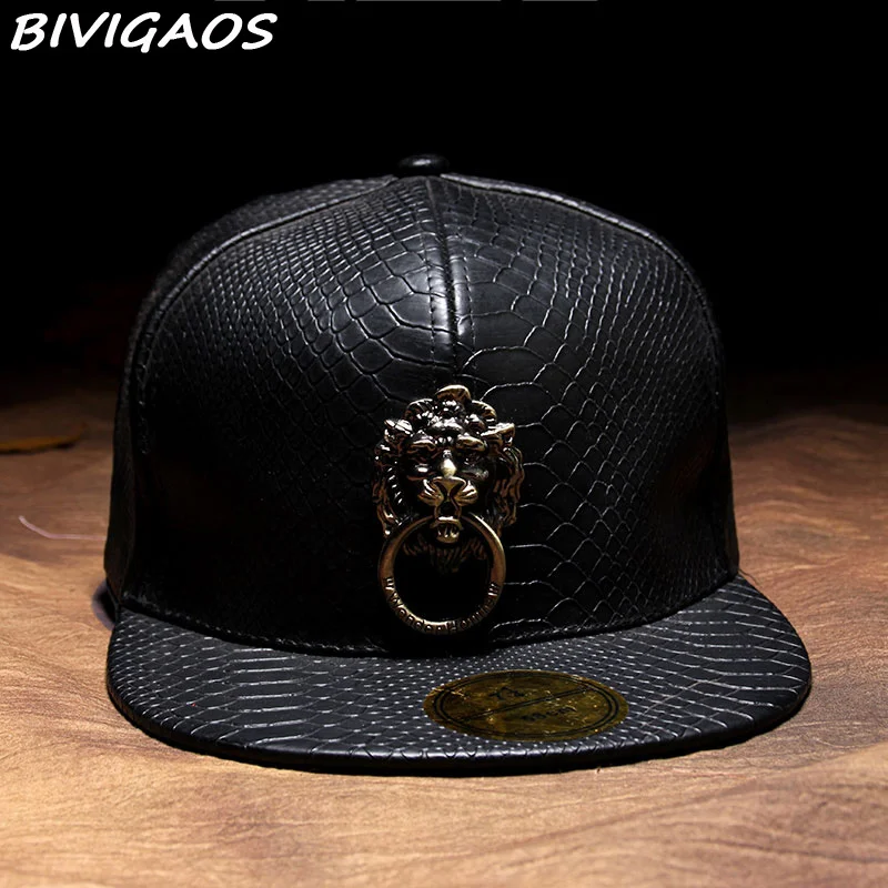 Новая металлическая скульптура голова льва Snapback шляпы змеиная кожа хип хоп кепка