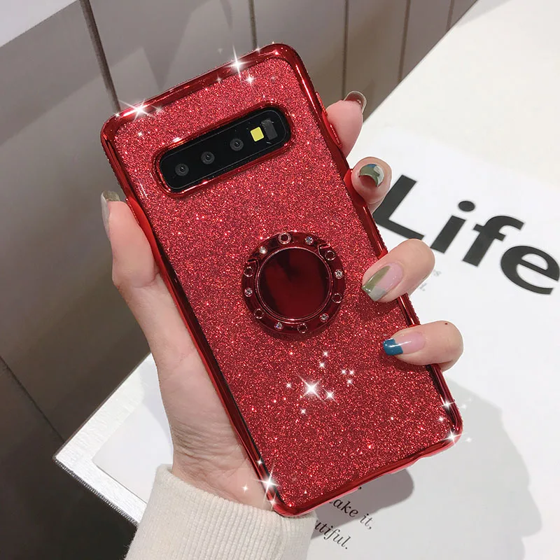 Rhinestone Diamond Bling Soft TPU Case Cover sFor Samsung S10e S10+ Note 9 A6 A8 A7 2018 A750 Slim Phone Capa With Rotating Ring (4)