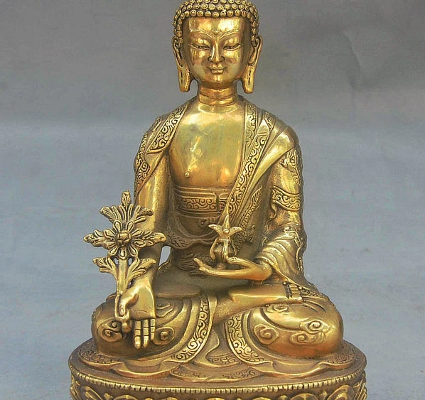 

8" Tibet Buddhism Brass Dragon Robe Sakyamuni Medicine Shakyamuni Buddha Statue