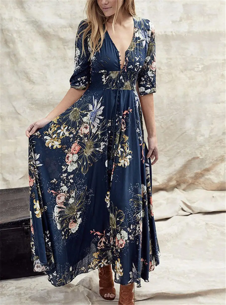 Gladiolus 2019 Spring Summer Dress Women 34 Sleeve V Neck Sexy Floral Print Bohemian Women Maxi Dress Long Beach Ladies Dresses (71)