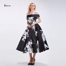 Finove Black Pattern Vintage Evening Dresses A-Line 2016 New Boat Neck Off the Shoulder Elegant Tea-Length Party Gowns