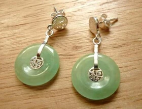 

Hot sell Noble- hot sell new - wb001 SILVER GREEN JADE DONUT SHAPED BUTTERFLY BACKS DROP EARRINGS