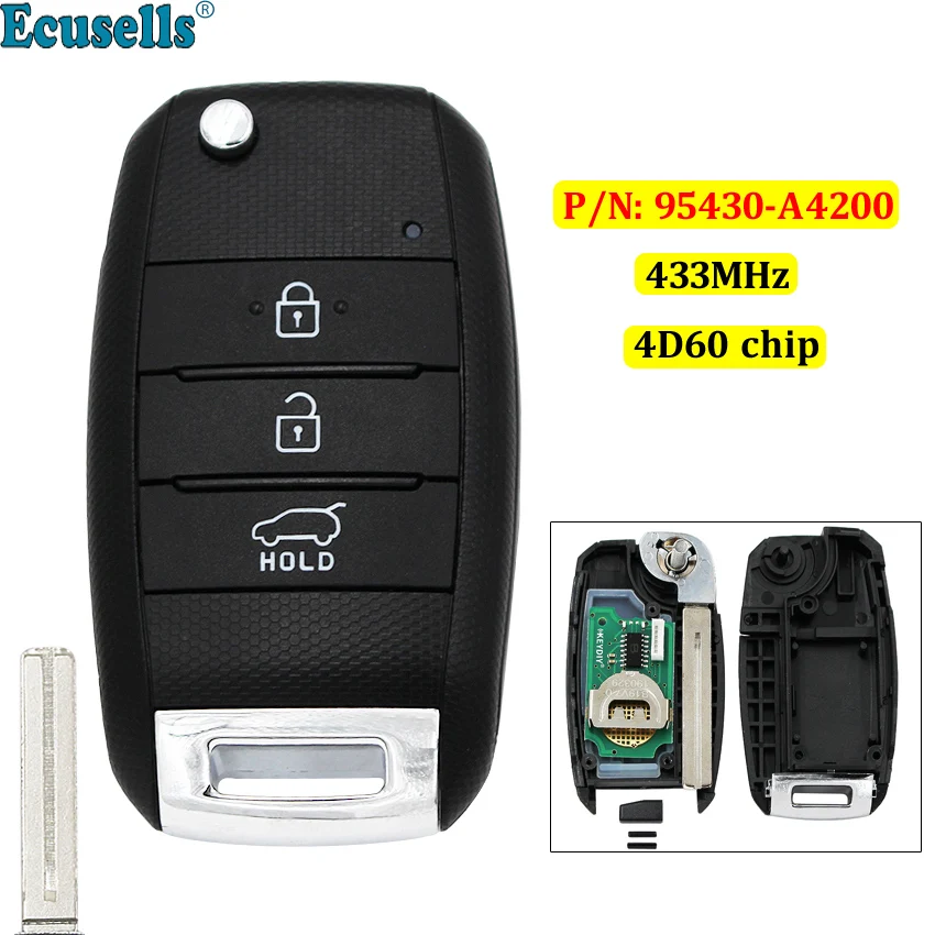 

3 Button Flip Remote Car Key Fob 433MHz 4D60 Chip for KIA Carens Rondo 2012+ P/N: 95430-A4200