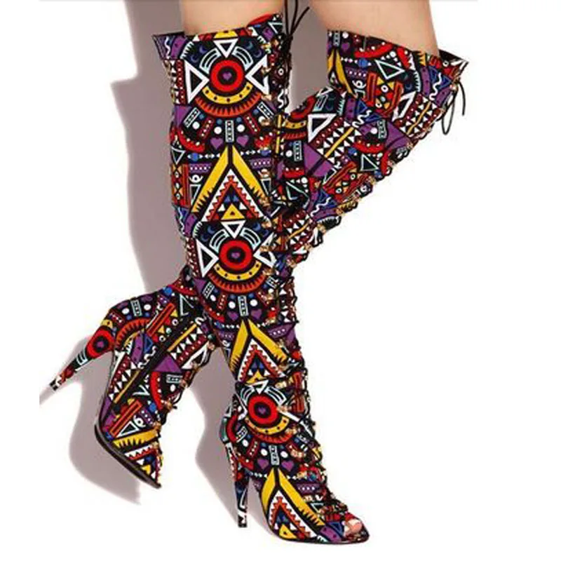 

2018 Sexy Women Multi Folk Printing Thigh High Boots High Heels Lace Up Ladies Peep toe Over Knee Mixed Colors Long Knight Botas