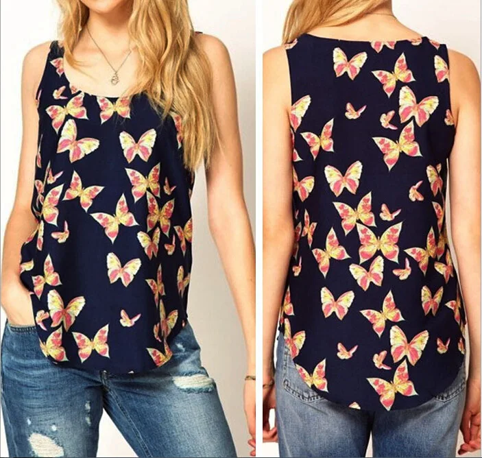 AROI NENO Chiffon Vest Camisole Women Slim S-3XL Spring Summer Cool Halter Butterfly Print Sleeveless Top Plus Size