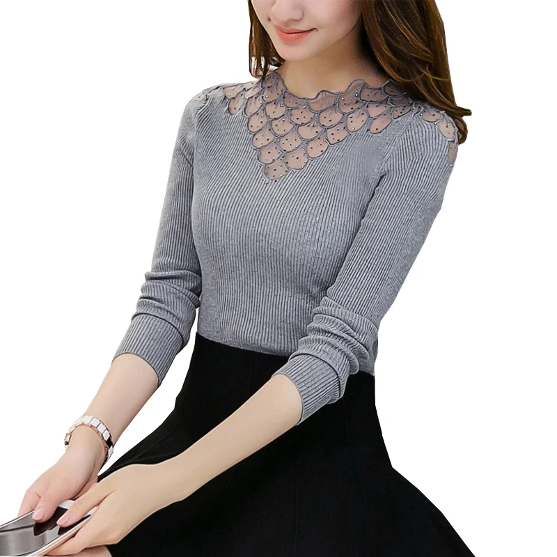 

Women Sweater Pullovers Basic Lace Knitted Sweaters Solid Crew Neck Jumper Tops Long Sleeve Sweaters and Pullovers Pull Femme