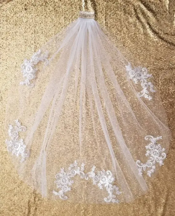 

Single layer veil white or ivory lace applique bridal veil rhinestone wedding veil