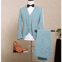 Na11(пальто+ Брюки для девочек+ жилет) 3 шт. зеленый костюм жилет в полоску Для мужчин Костюмы крачки de Novia смокинг зеленый Нарядные Костюмы для свадьбы Формальные смокинг для Для мужчин