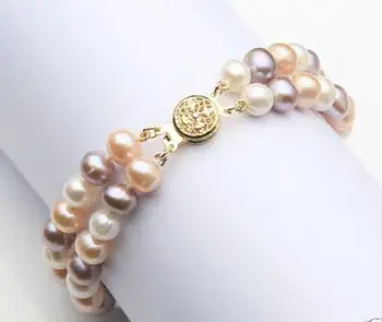 

free shipping >noble jewelry 2 Rows 8-9mm Multicolor South Seas Pearl Bracelet 7.5-8" 14K Gold Clasp