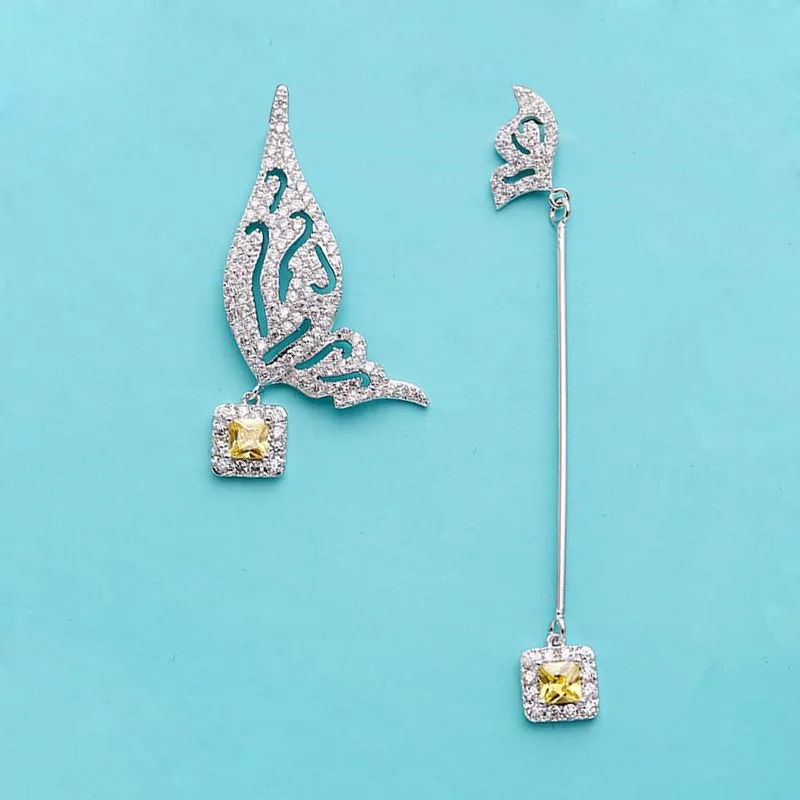 

Red Trees Brand New Arrival Asymmetrical Butterfly Earrings With 925 Sterling Silver Needle and Yellow Stone Cubic Zircon In Box