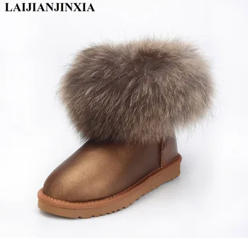 

LAIJIANJINXIA 2018 Fashion Sheepskin Leather Natural Fox Fur Snow Boots 100% Real Wool Waterproof Botas Mujer Winter Ankle Shoes