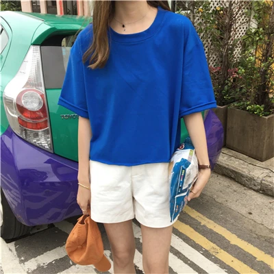 Harajuku стиль сплошной цвет женский короткий рукав пуловер Топы повседневные женские 8 цветов o-образный вырез Kawaii тонкая футболка корейский Ulzzang - Цвет: DarkBlue