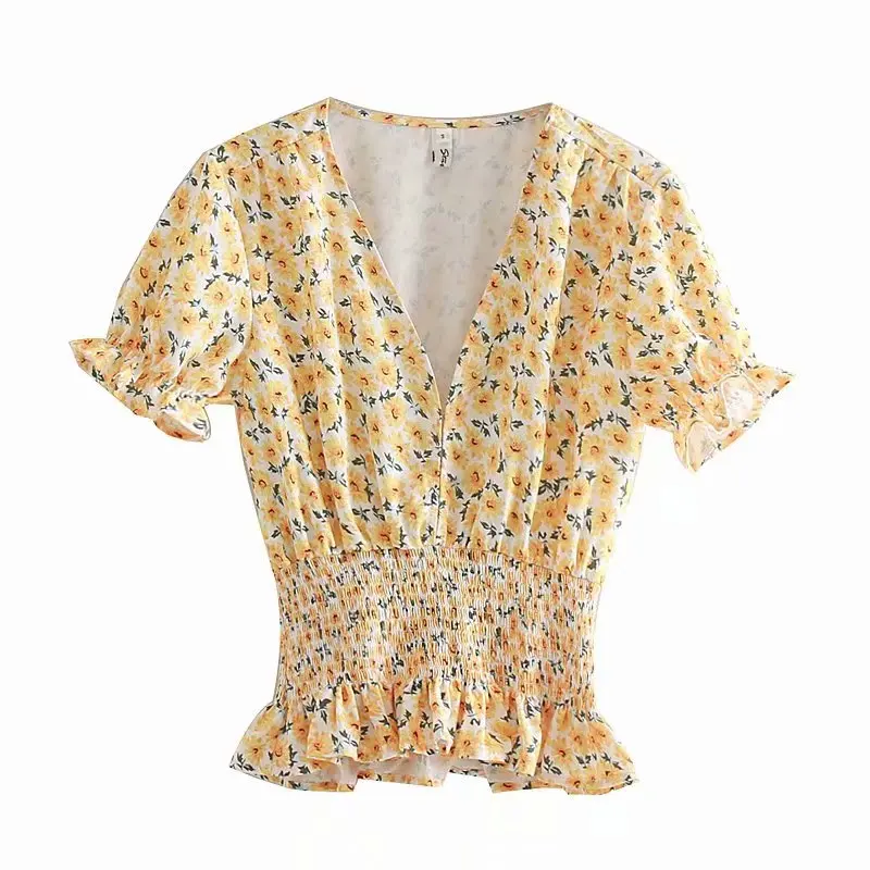 

2019 women french style floral print chic blouse shirts women deep v neck hem elastic waist ruffles femininas blusas tops LS3855
