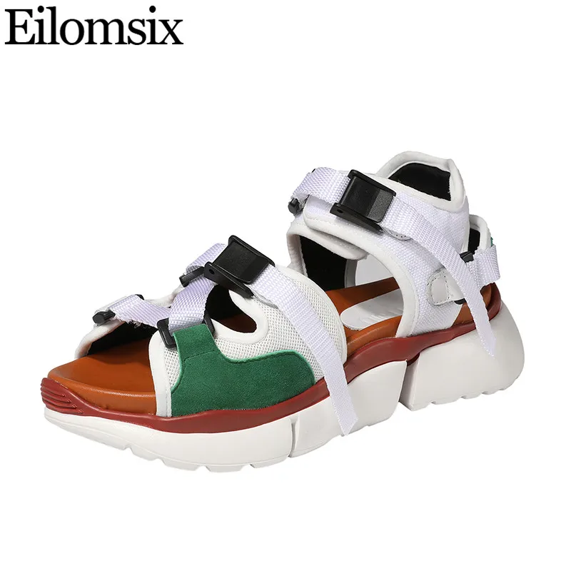 

Eilomsix 2019 Runway Thick Bottom Sandals Woman One Strap Horse Hair Sandals Women Gladiator Sneakers Summers Sandals Women