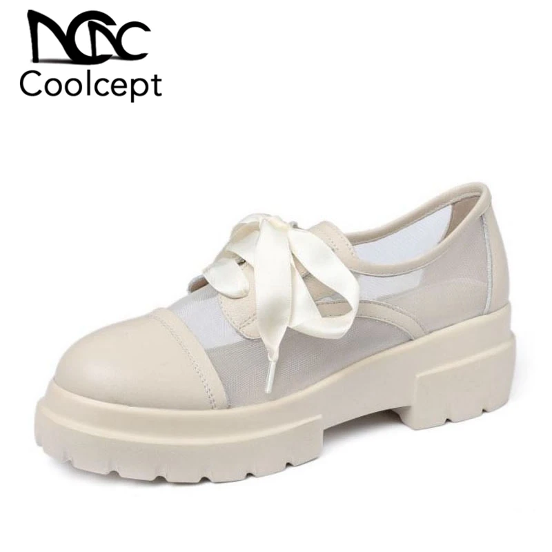 

Coolcept Women Flats Shoes Genuine Leather Lace Up Round Toe Mesh Breathable Flats Shoes Fashion Women Footwear Size 34-40