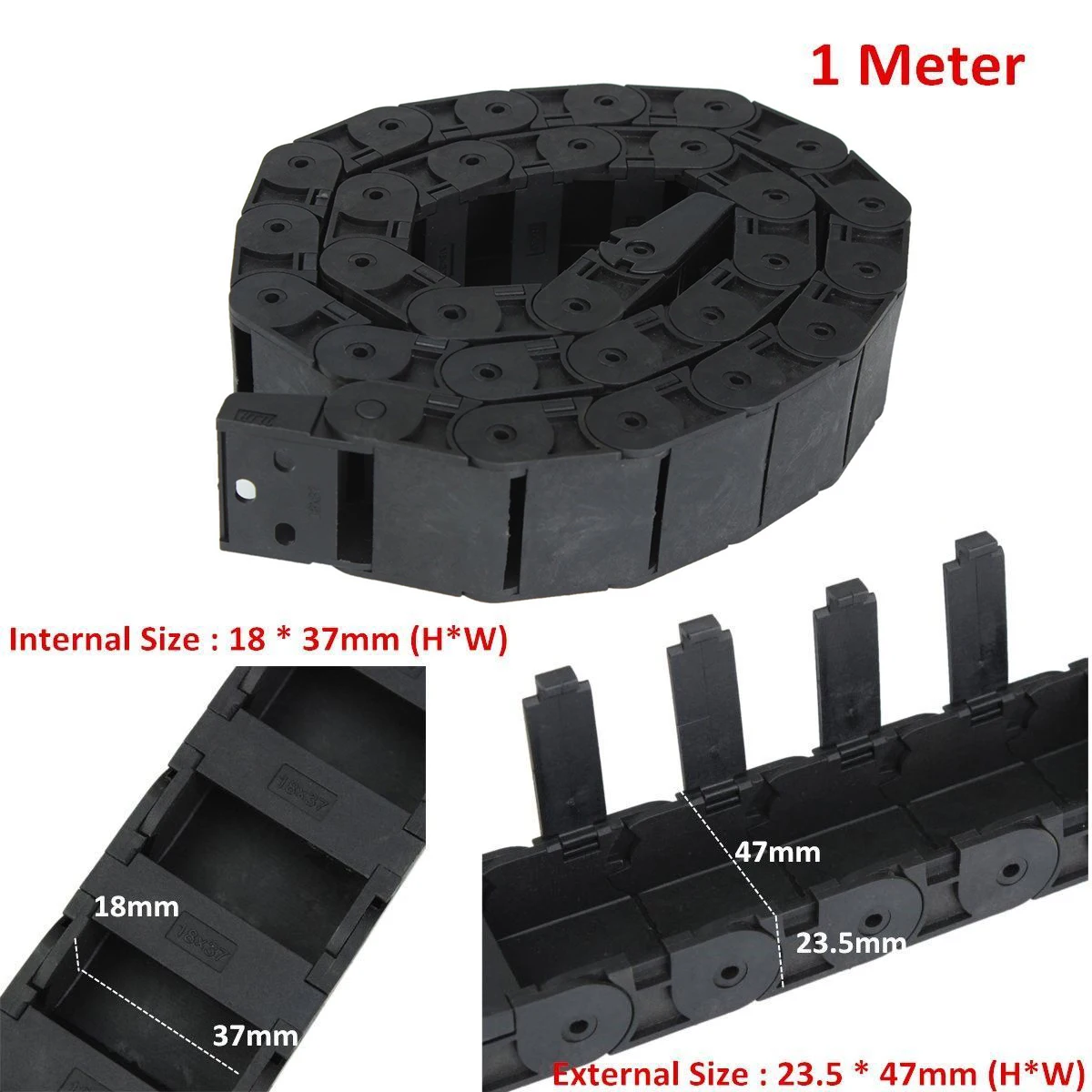 1pc Black Long Plastic Nylon Cable Drag Chain Towline 1M 1000mm 40" Wire Carrier R38 18*37mm For CNC Router Machine Tools Mayitr