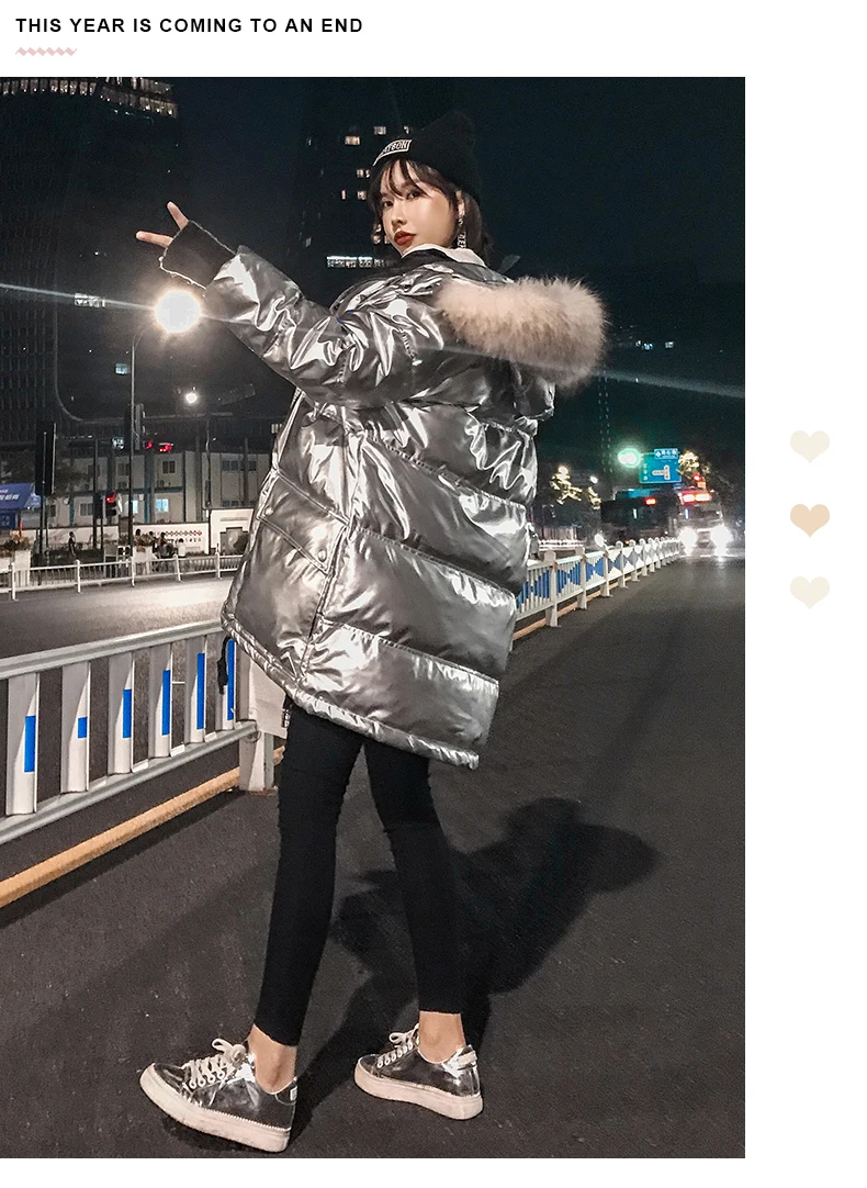 Big Raccoon Fur Collar Hooded Long Wadded Jacket Women's Winter Warm Down Jackets Large Size Loose Glossy Coats Outwear Overcoat