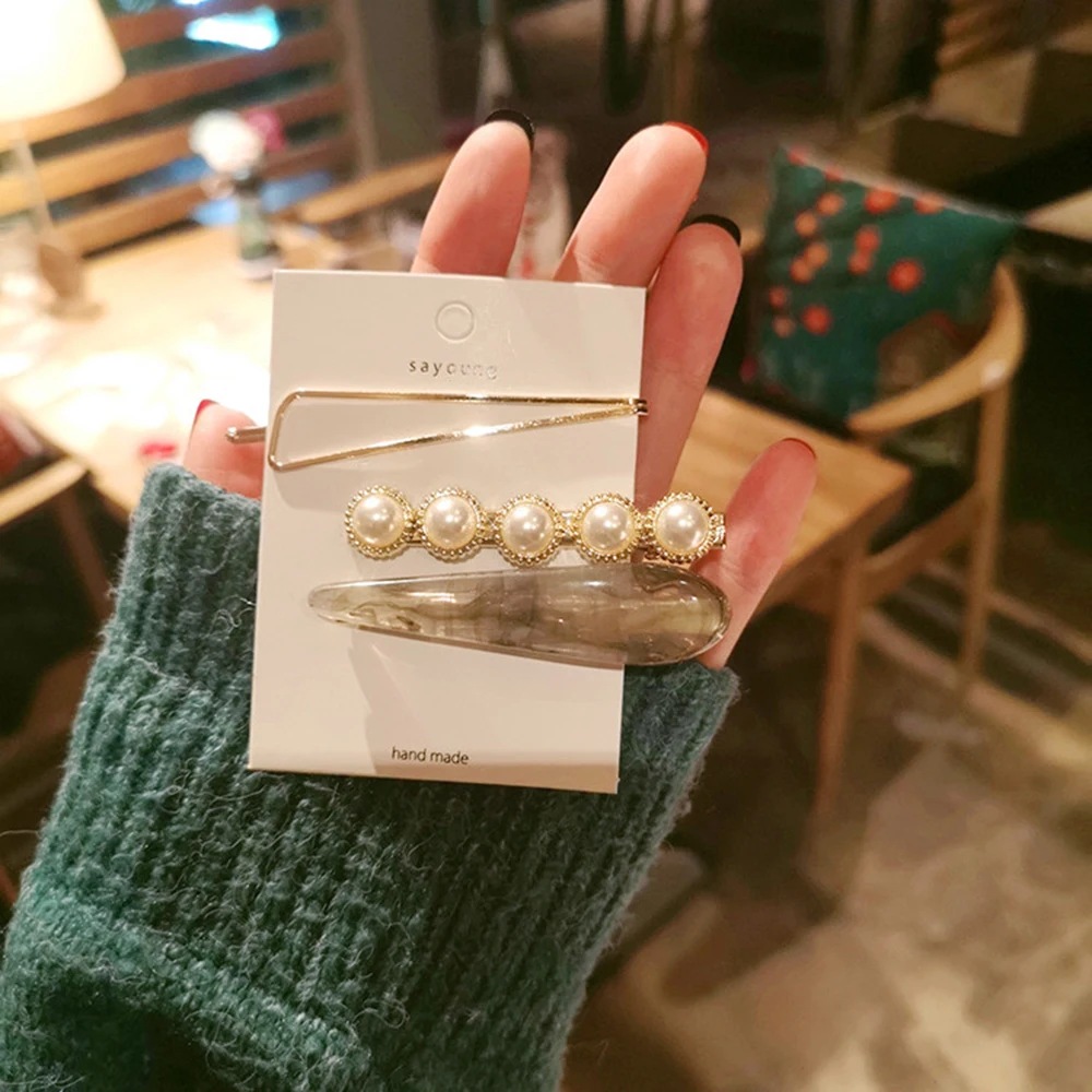 

INS marble hair clips combination romantic temperament pearl bangs clip adult hair card set