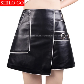 

Winter autumn fashion women high quality sheep skin A-line white striped metal hollow self-cultivation leather skirt 3XL