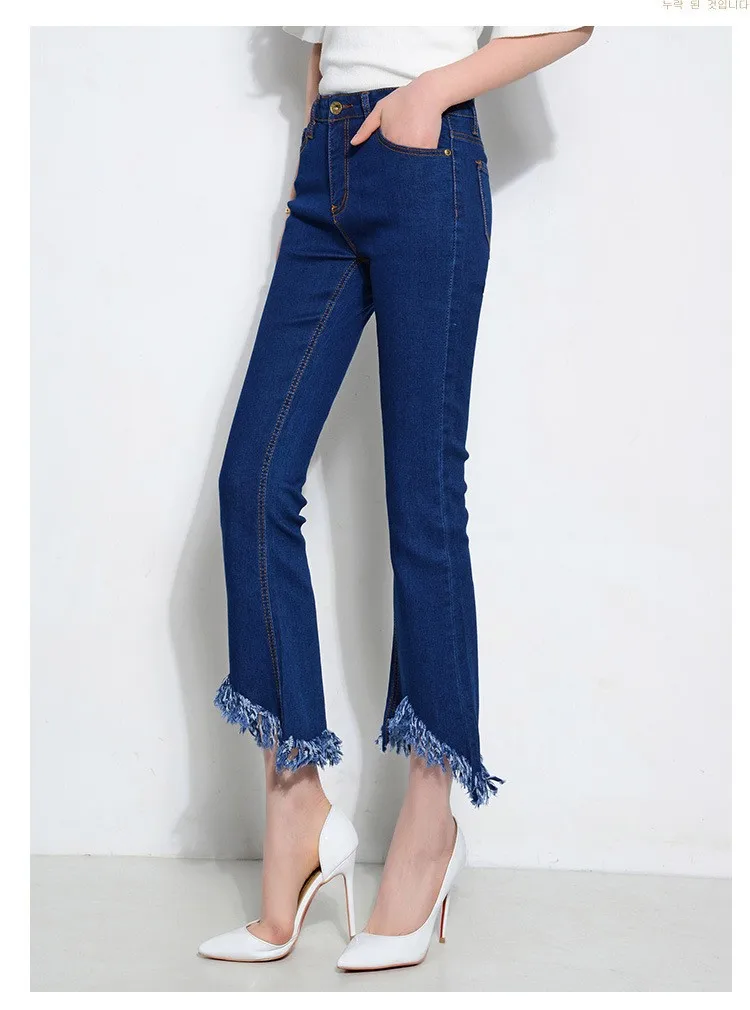 Женские джинсы с бахромой, летние джинсовые штаны для девочек, модные рваные расклешённые леггинсы, рваные темно-широкие джинсы