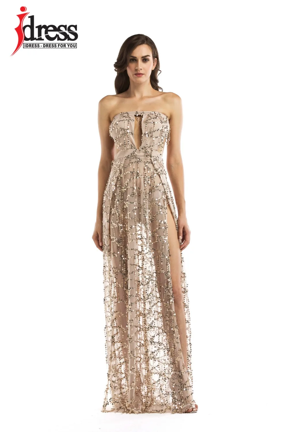 IDress Luxury Sexy Women Strapless Sequins Long Dress Club Waer 2017 Elegant Golden Black White Party Dresses Maxi Vestidos De Festa (4)