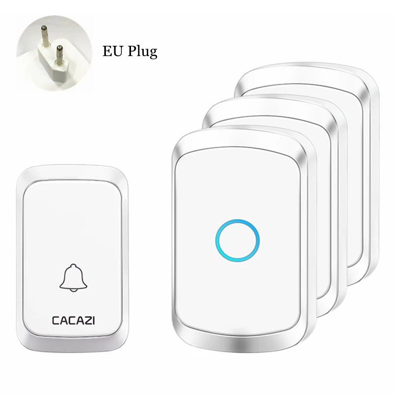 CACAZI, умный водонепроницаемый беспроводной дверной звонок, 1 кнопка, 3 приемника, США, ЕС, Великобритания, AU, штекер, домашний светодиодный светильник, батарея, звонок, колокольчик - Цвет: white 1x3 EU