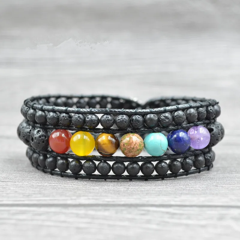 

7 Chakra Lava Natural Stone Beaded Bracelet Essential Oils Diffuser Healing Bead Button Reiki Yoga Leather Wrap Bracelet For Men