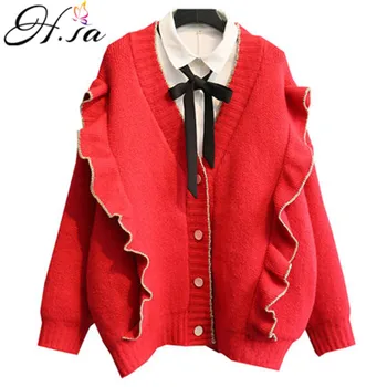 

H.SA Women Clothes 2019 Spring New Ruffles Knit Cardigans V neck Korean Sweater Cardigans Loose Jumpers oversized sweater cOAT