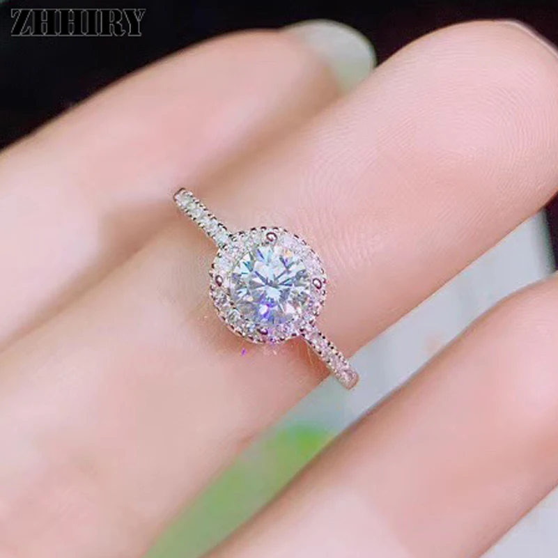 ZHHIRY Подлинная Moissanite кольцо из стерлингового серебра 925 для женщин кольца 0.5ct 5 мм D VVS1 Круглый вырез с сертификатом ювелирные изделия