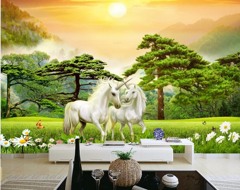 Kustom Mural 3d Wallpaper Unicorn Hutan Padang Rumput Dekorasi