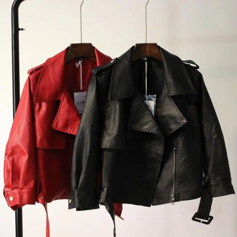

2019 Spring and Autumn Faux Leather Jacket Women Motorcycle Jacket Lapel Outerwear Pu Leather Coats Short Zipper Basic Jackets