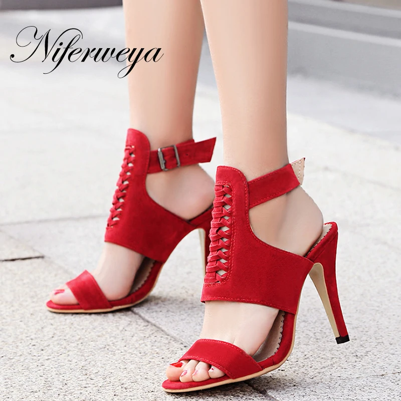 

Sexy Peep Toe Summer women shoes Big size 32-46 flock thin heel high heels fashion buckle decoration Gladiator sandals 305