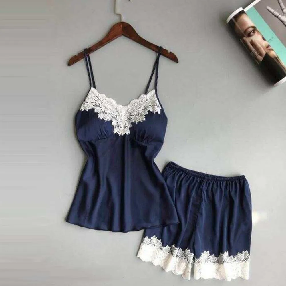 

2pcs Set Women Pajama Sets Sexy Lingerie Nightgown Vintage Trim Lace Camisole Tank Shorts Wine/Pink Lady Silk Satin Sleepwear