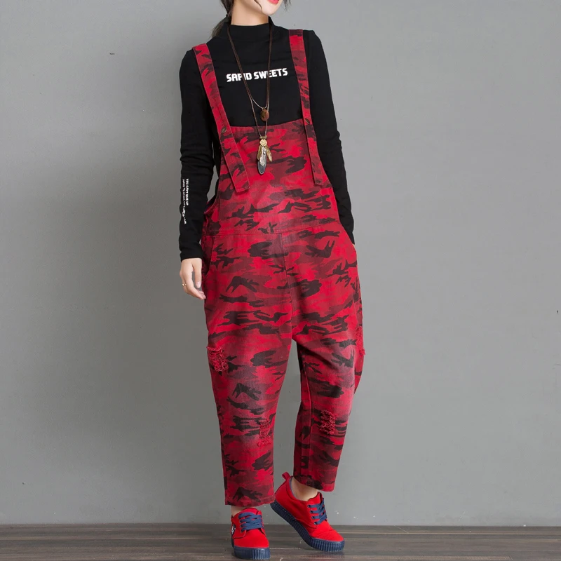 Women Camouflage cargo Jumpsuits Baggy Camo Denim Overalls Large Size
