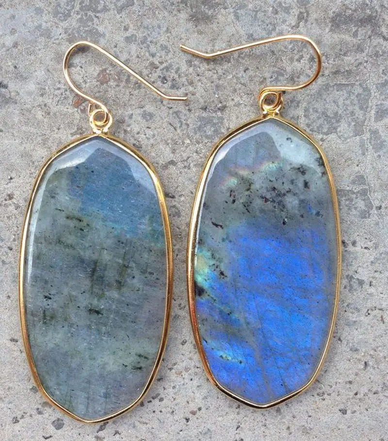 

YA2118 5Pairs Natural Labradorite Oval Shape Dangle Hook Earring Gold color 49x32mm