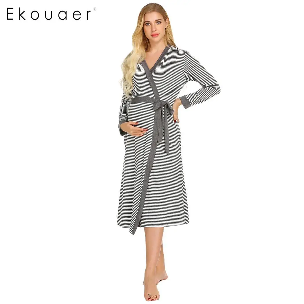 Ekouaer для женщин халат для беременных пижамы свободные Открытый спереди пояс полосатый ванной халаты повседневное Ночное