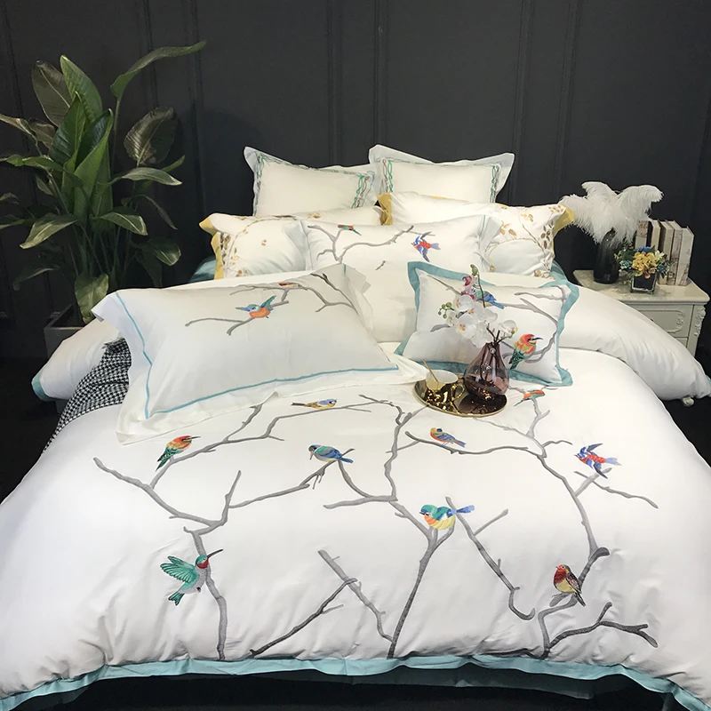 Chinese Style 100 Cotton Sanding Printed Flower Bedding Set Embroidered Bed Sheet Duvet Cover