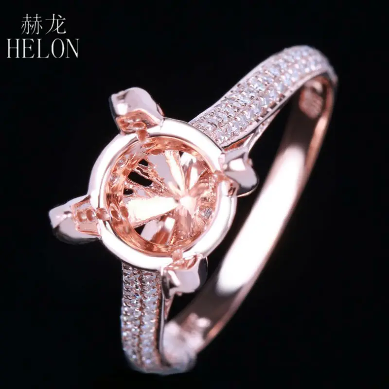 

HELON Solid 10K Rose Gold Women's Jewelry Ring 8-9mm Round Pave Real Natural Diamond Semi Mount Engagement Wedding Ring Setting