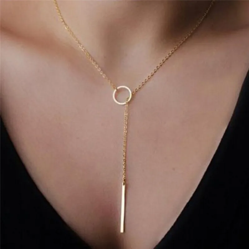 1pc Chic Y Shaped Color Bar Circle Lariat Style Necklace Womens Unique Charming Tone Bar Circle Lariat Necklace