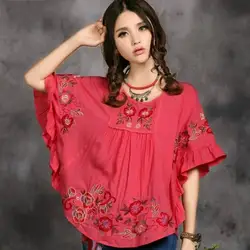 2018 Для женщин китайские стильные шаровары плюс Размеры блузка с цветочной вышивкой рубашка пуловер в этническом хлопковая рубашка Топ