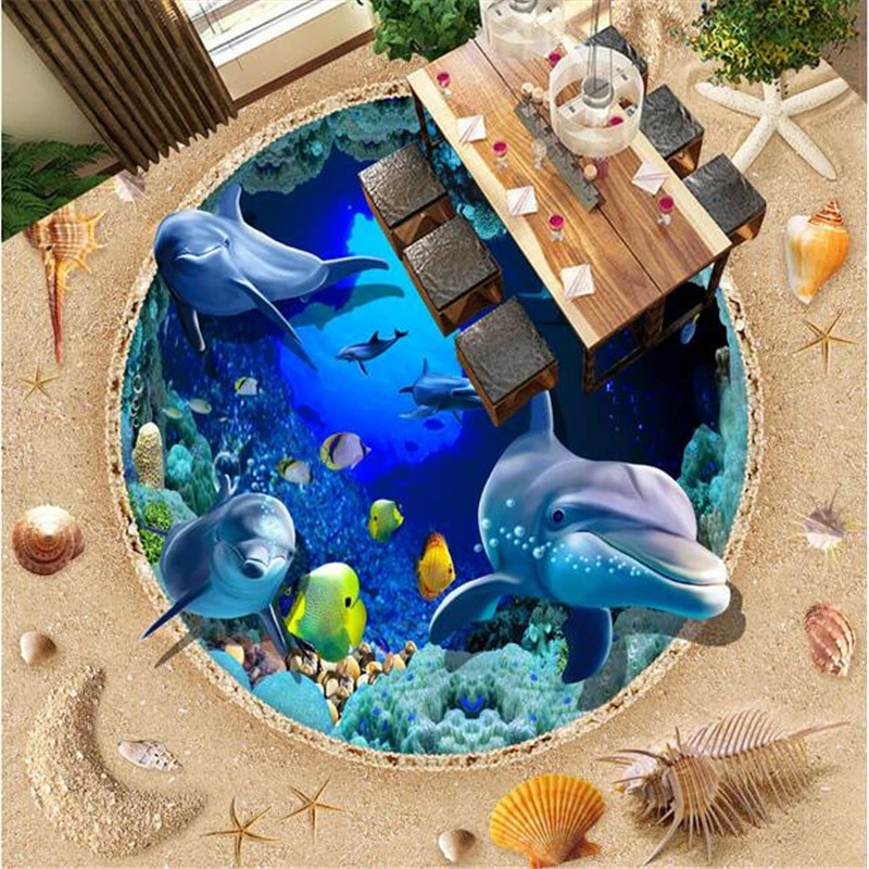 

beibehang Custom photo 3d flooring mural self - adhesion wall sticker 3 d Sea world dolphin painting 3d room murals wallpaper