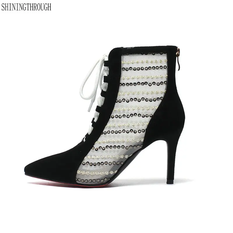 

summer boots woman genuine leather high heels cut-outs ankle boots woman lace up ladies shoes black pink size 41 42
