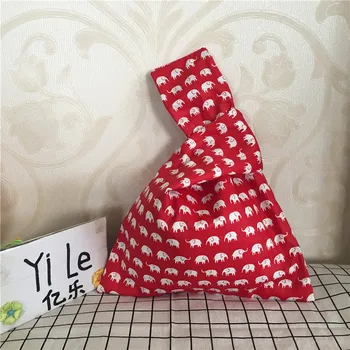 

YILE Handmade Cotton Twill Wrap Knot Handbag Coin Phone Bag White Elephant Red Base 8326c