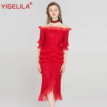 YIGELILA модные женские туфли красное кружевное платье с вырезом лодочкой с открытыми плечами с коротким рукавом Империя Тонкий Средний Длина облегающее вечерние платье 63447