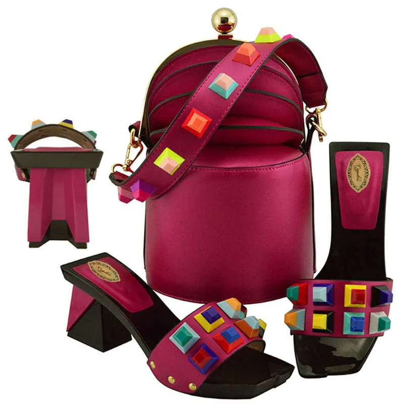 Latest Fashion PU Leather Shoes And Bags To Match Set Nigerian Woman Shoes With Bag Set Bag Set For Wedding On Stock MD011 - Цвет: Magenta