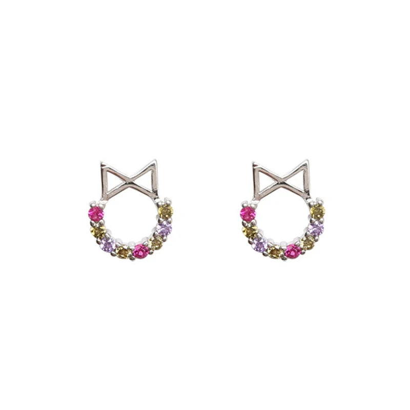 

2018 Sweet Cute Colorful AAA Zircon Cat Ear Bow S925 Silver Stud Earrings for Women Girls Party Wedding Charm Jewelry Pendientes